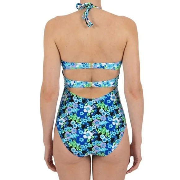 CYN & LUCA NWT Black Blue White Floral Front Cut Out One Piece Swimsuit Size L - Picture 4 of 9
